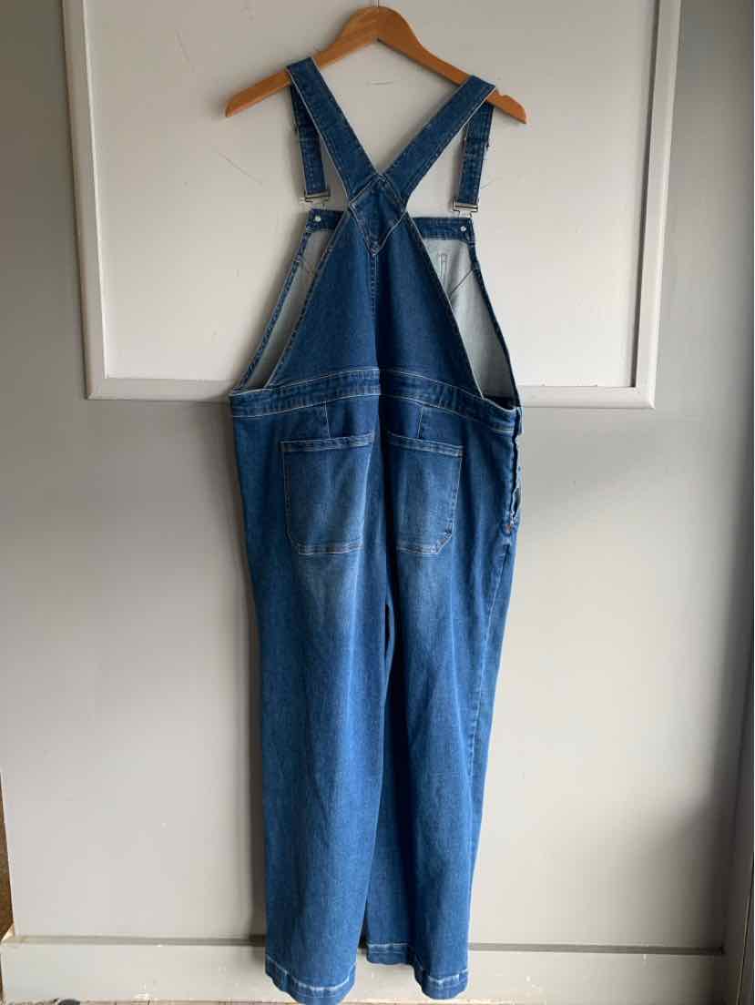 Blue denim overalls with adjustable shoulder straps and front bib pocket, size 18.