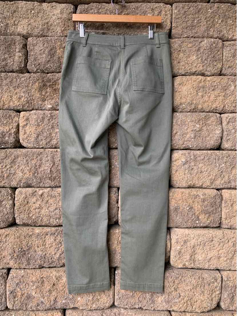 Olive green straight-leg pants with back patch pockets and belt loops, size 8.