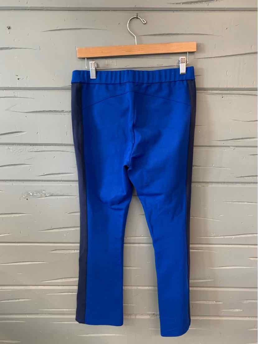 Blue athletic leggings with black side panels and elastic waistband, size medium.