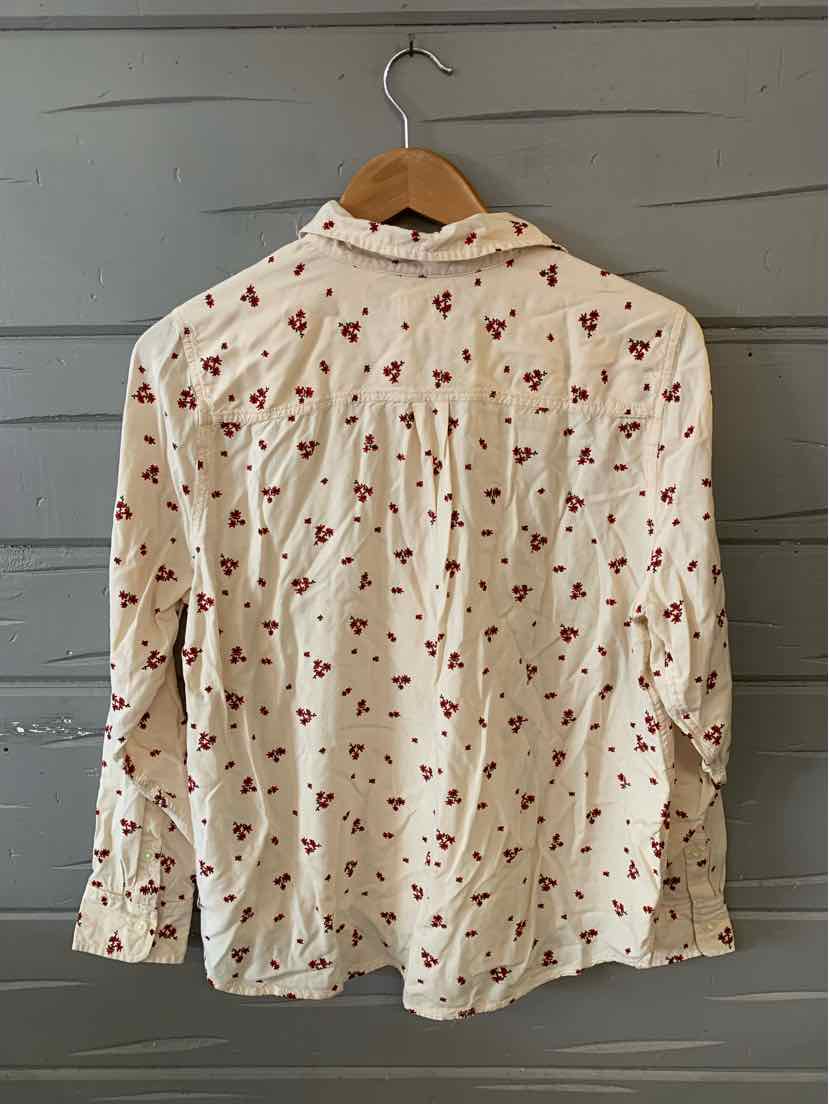 White long-sleeve button-up shirt with red floral print and collared neckline, size XL.