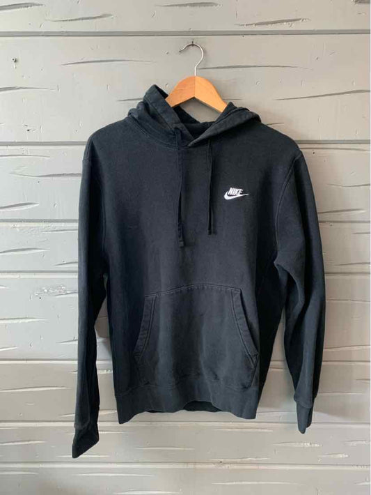 Black Nike hoodie with white logo, front pocket, and drawstring hood, medium size.