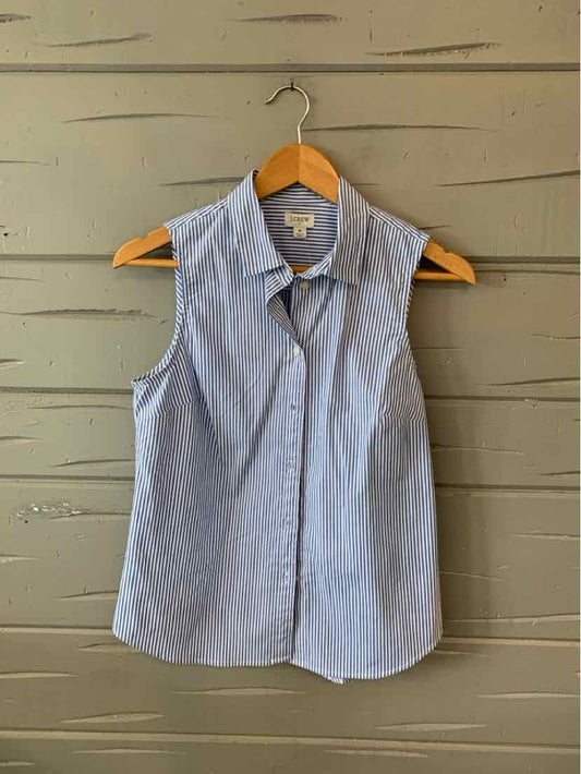 Sleeveless light blue and white striped button-up blouse with collar on wooden hanger.