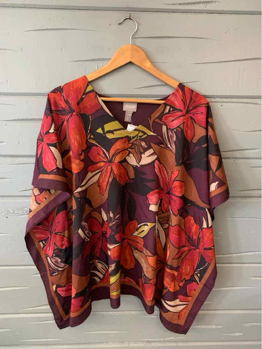 Brown and red floral patterned blouse with wide sleeves, v-neck, and loose fit in size S/M.