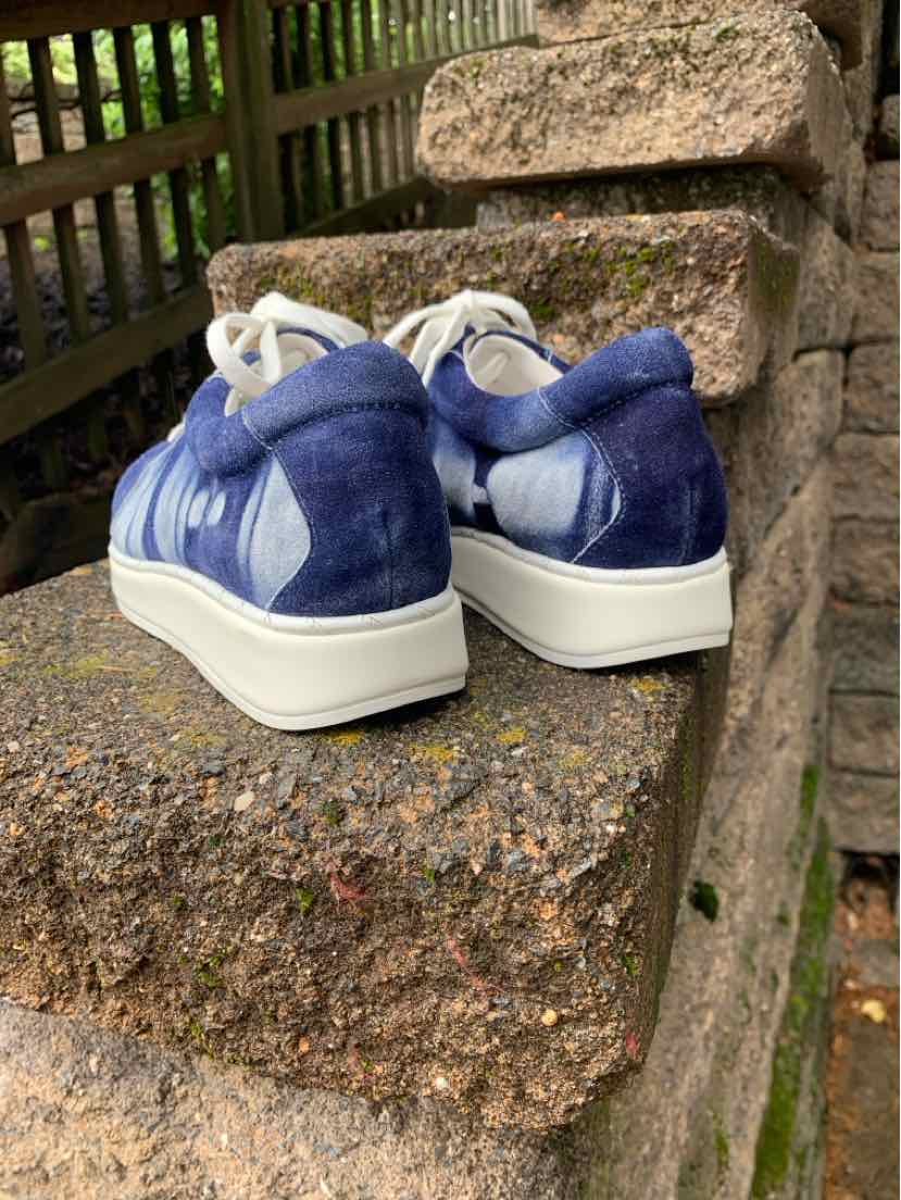 Blue tie-dyed suede sneakers with white soles and laces, size 7.5, from Franco Sarto.