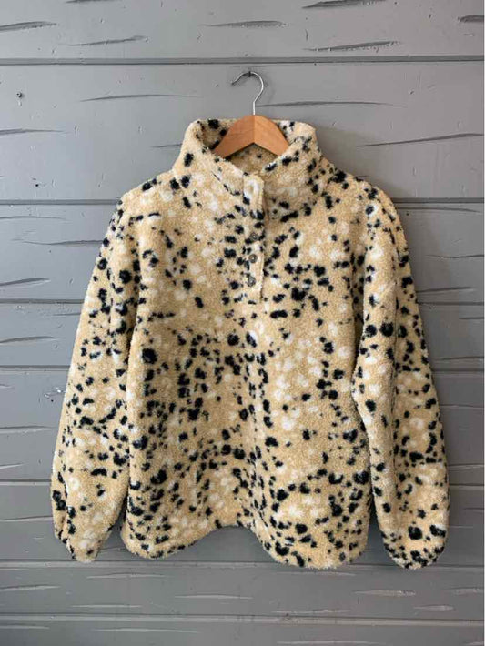 Beige and black cheetah print fleece pullover jacket with high collar and long sleeves.