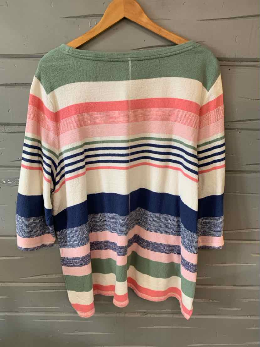 Striped long-sleeve sweater with pink, green, navy, and white horizontal bands, size 3X.