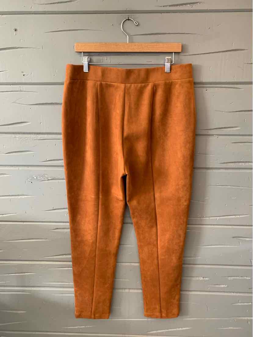 Tan suede leggings with stitched seams and a high waist, size XL, hanging on a wooden hanger.