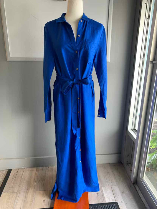 Long royal blue linen shirt dress with button front, collar, long sleeves, and waist tie belt, size 8.