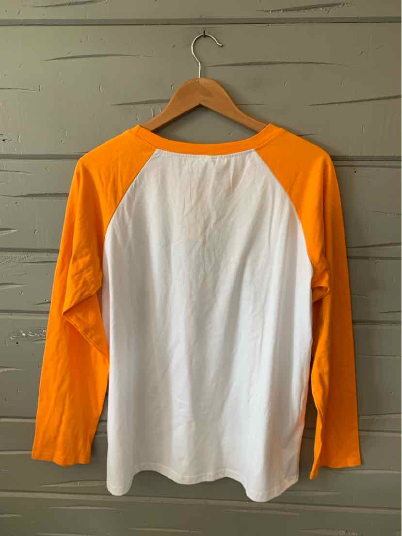 Long-sleeve baseball tee with white body and vibrant orange raglan sleeves, size XL.