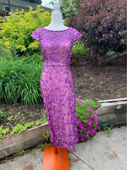 Purple lace midi dress with cap sleeves and fitted waist on mannequin outdoors.