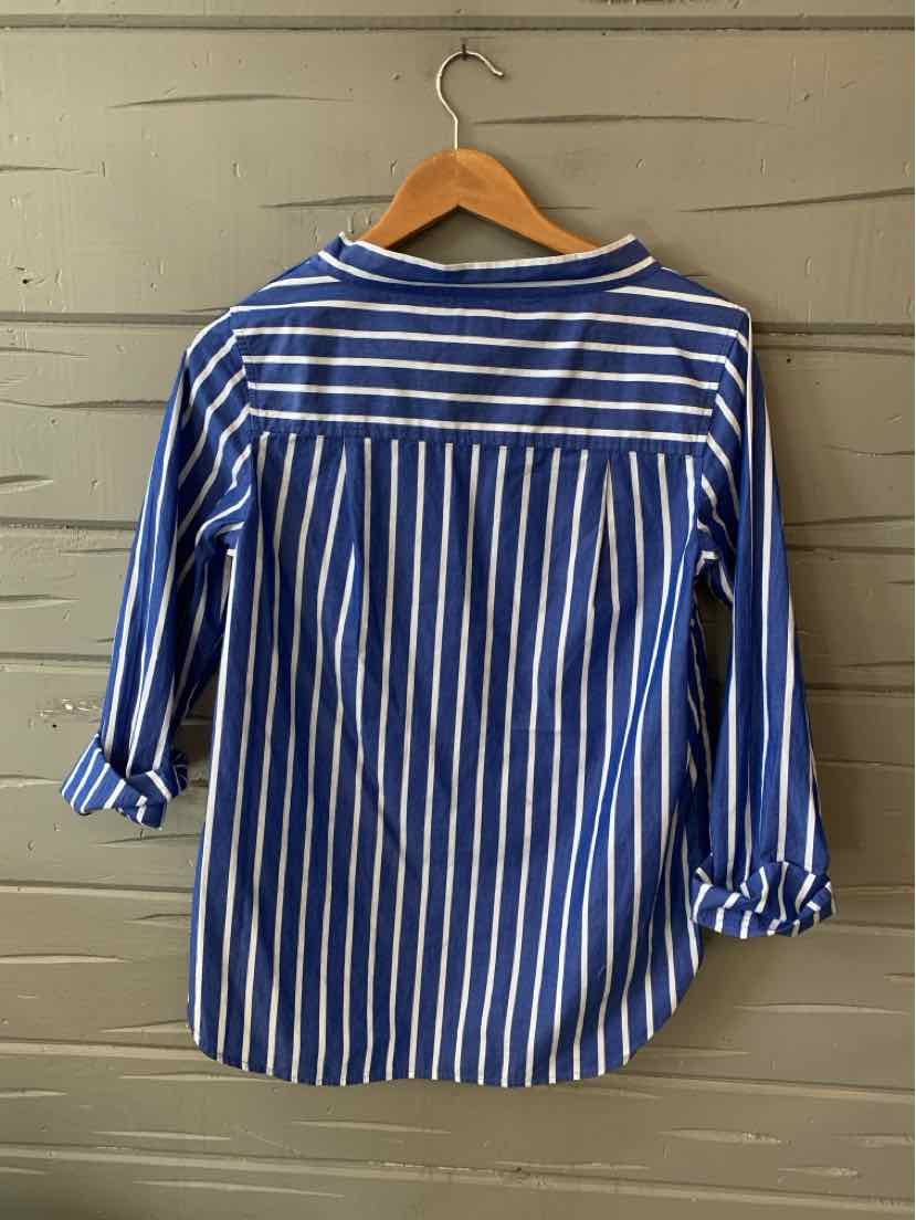 Blue and white striped long-sleeve shirt with rolled cuffs and button-up back yoke.