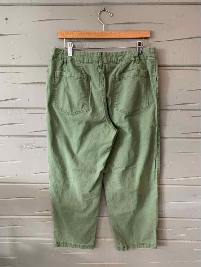 Olive green casual pants with an elastic waistband and tapered legs, size 8.