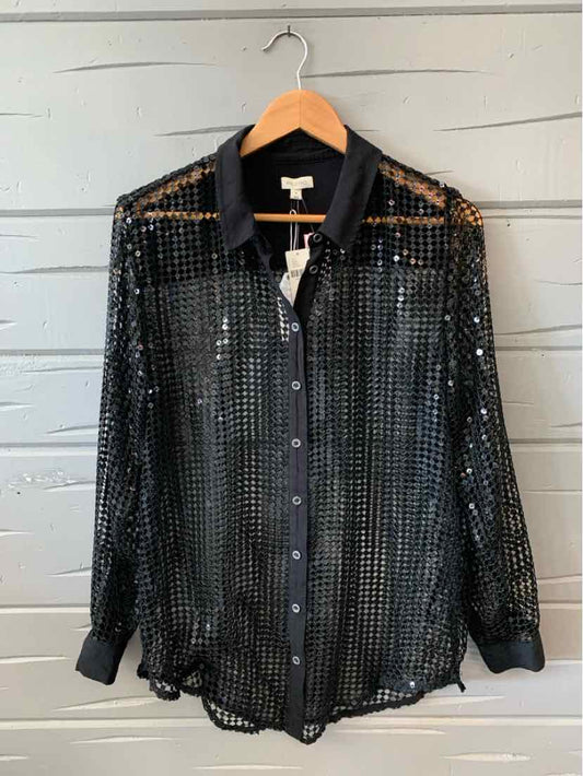 Black long-sleeve sheer button-up blouse with square pattern and collar, size medium.