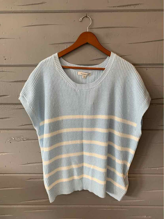Light blue knit short-sleeve sweater with wide white horizontal stripes and a V-neck, size XL.