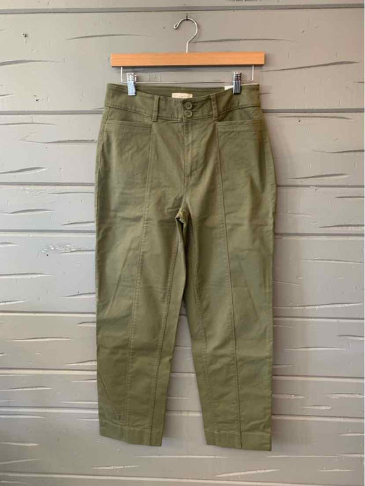 Olive green straight-leg trousers with a button closure, belt loops, and side pockets.