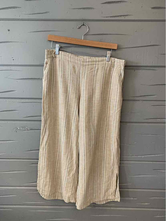 Beige wide-leg pants with vertical stripes and elastic waistband in size small.