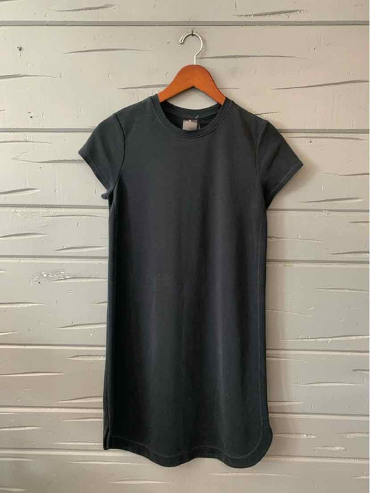 Charcoal gray short-sleeve casual dress with crew neckline and straight hem.