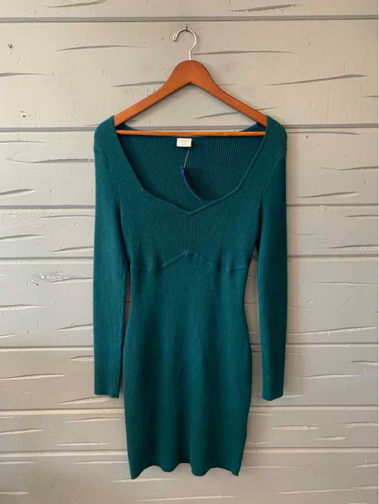 Teal long-sleeve knit dress with a V-neck and fitted, knee-length silhouette, hanging on a wooden hanger.