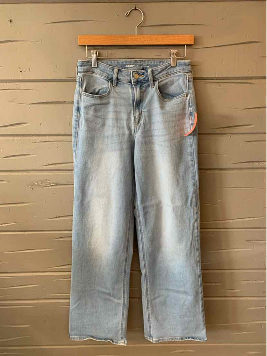 Light blue denim jeans with a straight leg cut, five-pocket design, and frayed hems.