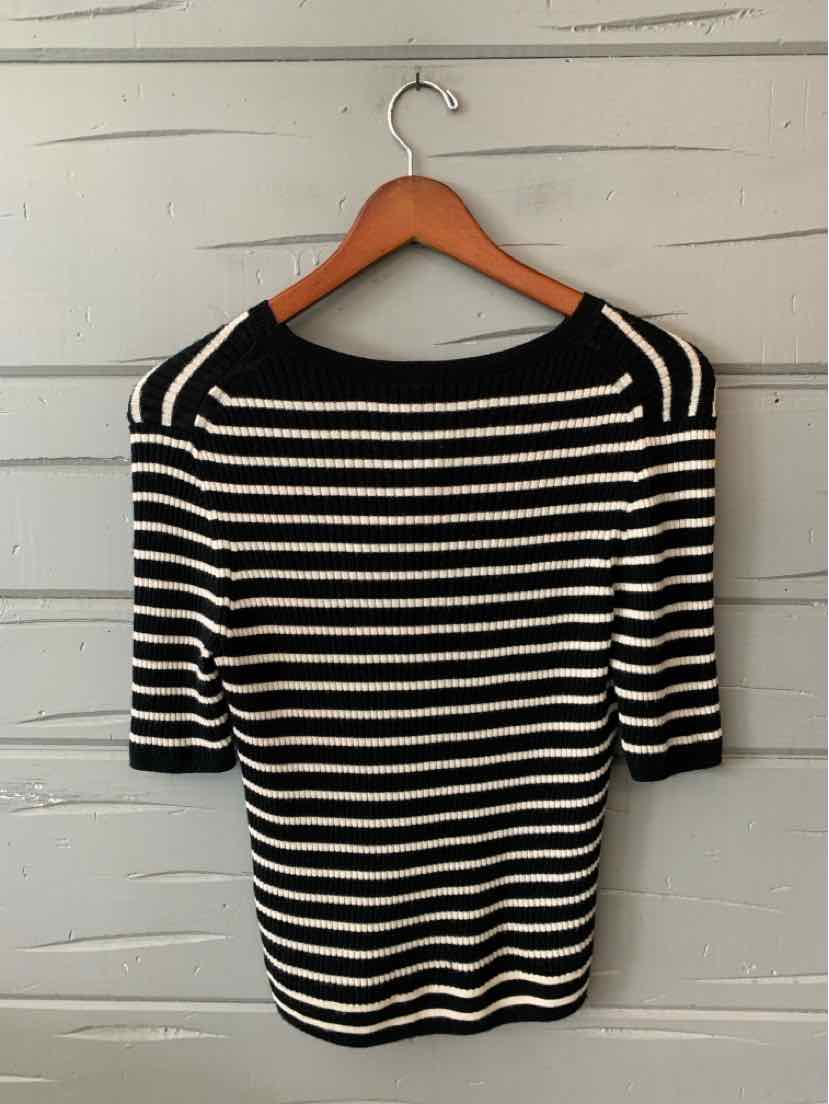 Black and white horizontal striped knit top with three-quarter sleeves and a boat neckline.