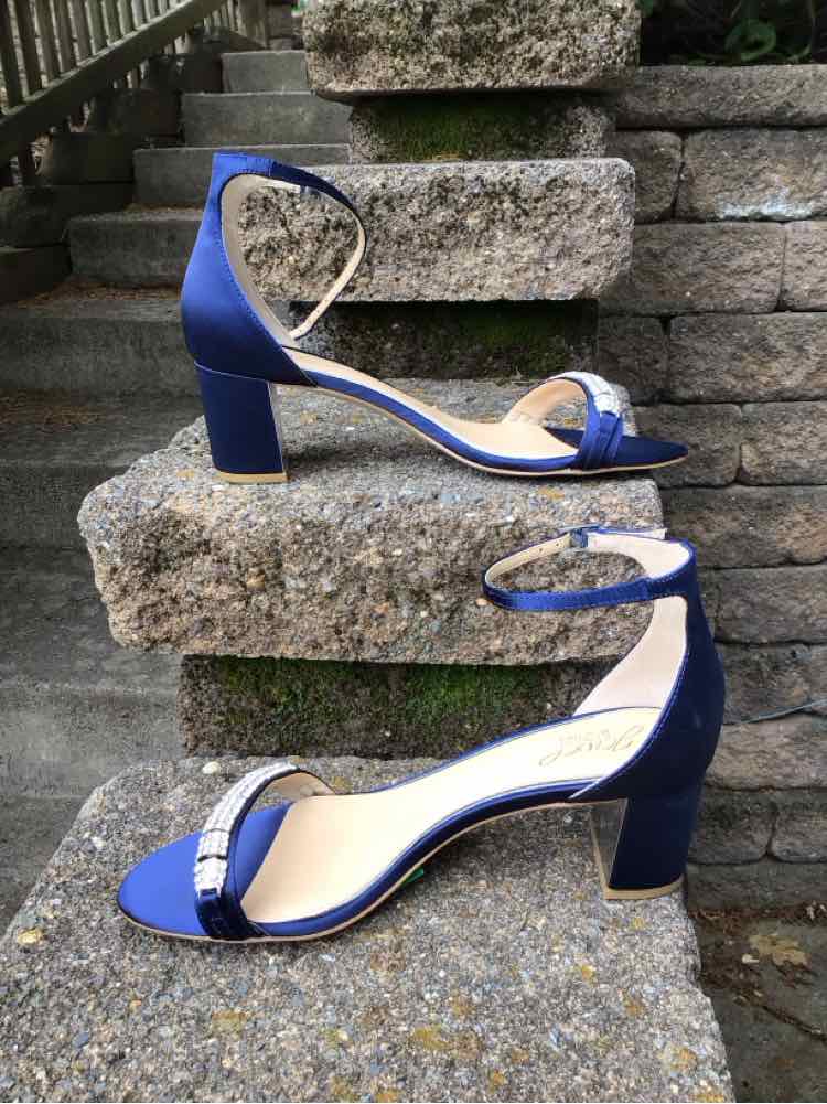 Blue satin open-toe block heel sandals with rhinestone embellishments on straps, ankle buckle closure, size 10.