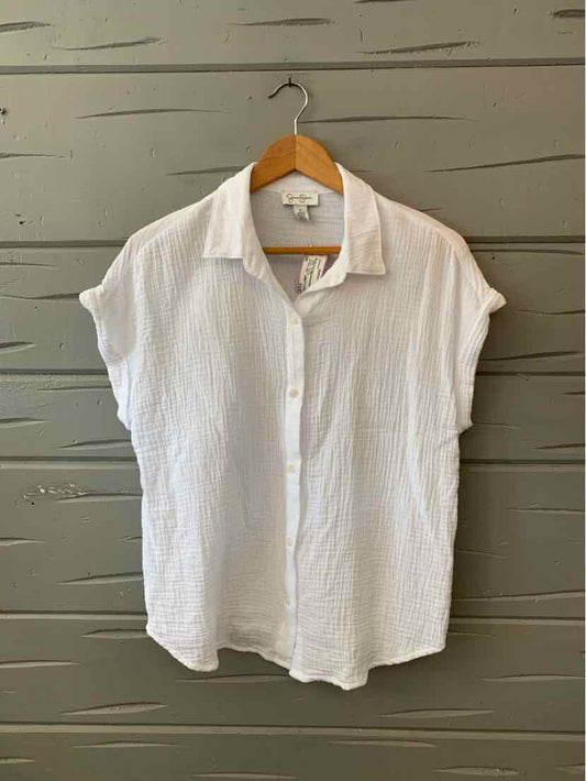 White short-sleeve button-up blouse with collar in lightweight textured fabric, size small.