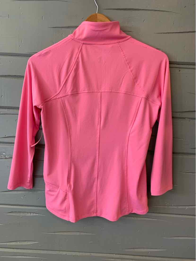 Pink long-sleeve athletic jacket with high collar and seam detailing on back.