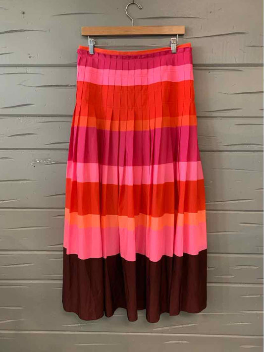 Pleated maxi skirt with horizontal color block stripes in pink, red, orange, and brown, size 6.