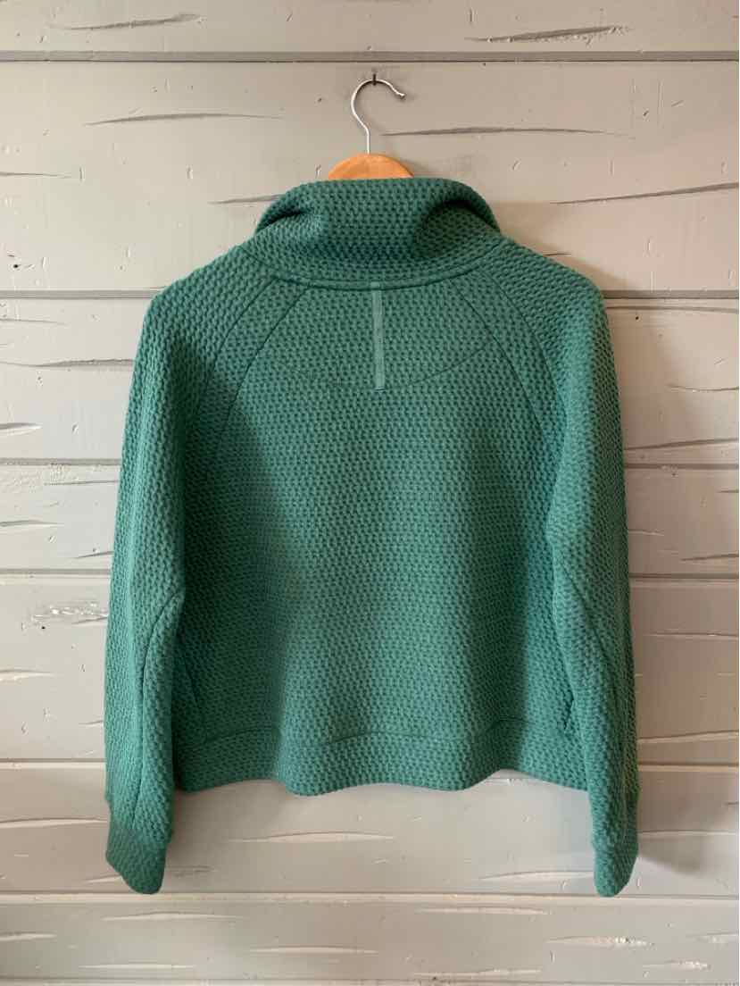 Teal knit sweater with textured pattern and wide folded collar, medium petite size.