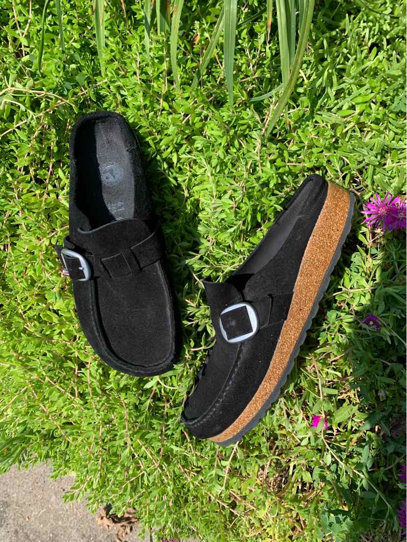 Black suede slip-on shoes with a silver buckle and cork sole, size 41.