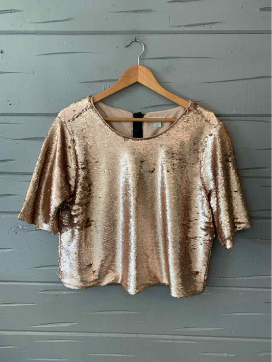 Rose gold sequin short-sleeve blouse with loose fit and round neckline on wooden hanger.