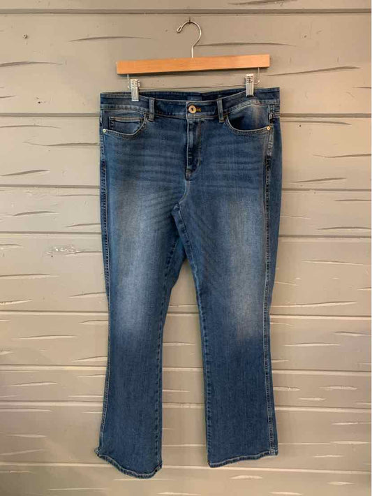 Blue mid-rise straight-leg jeans with front pockets and button closure, size 10.