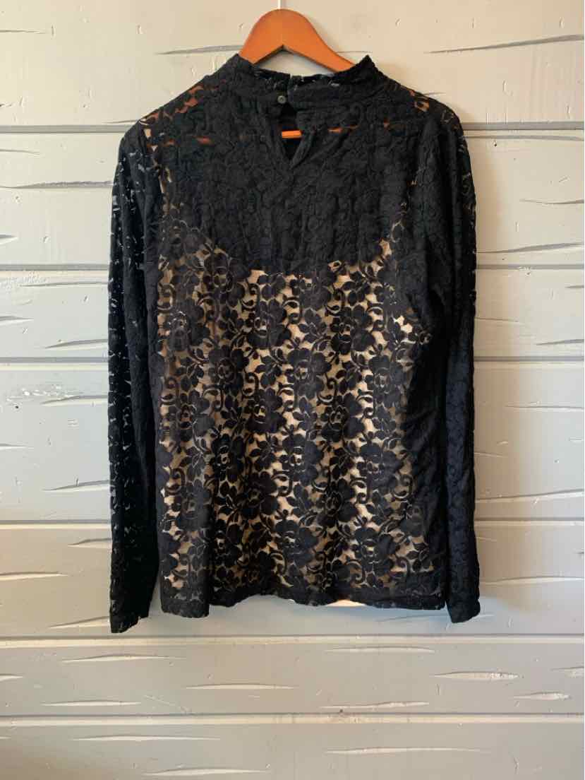Black lace long-sleeve women's casual top with floral pattern and high neckline.