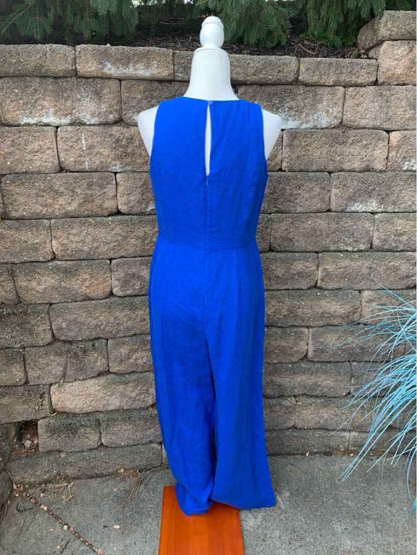 Electric blue sleeveless jumpsuit with a back keyhole button closure and wide-leg pants.