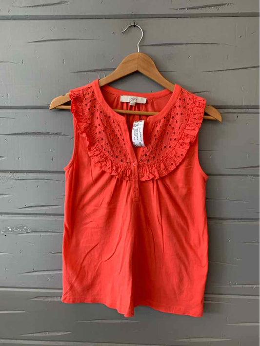 Coral sleeveless blouse with lace detailing and keyhole neckline, size XS.