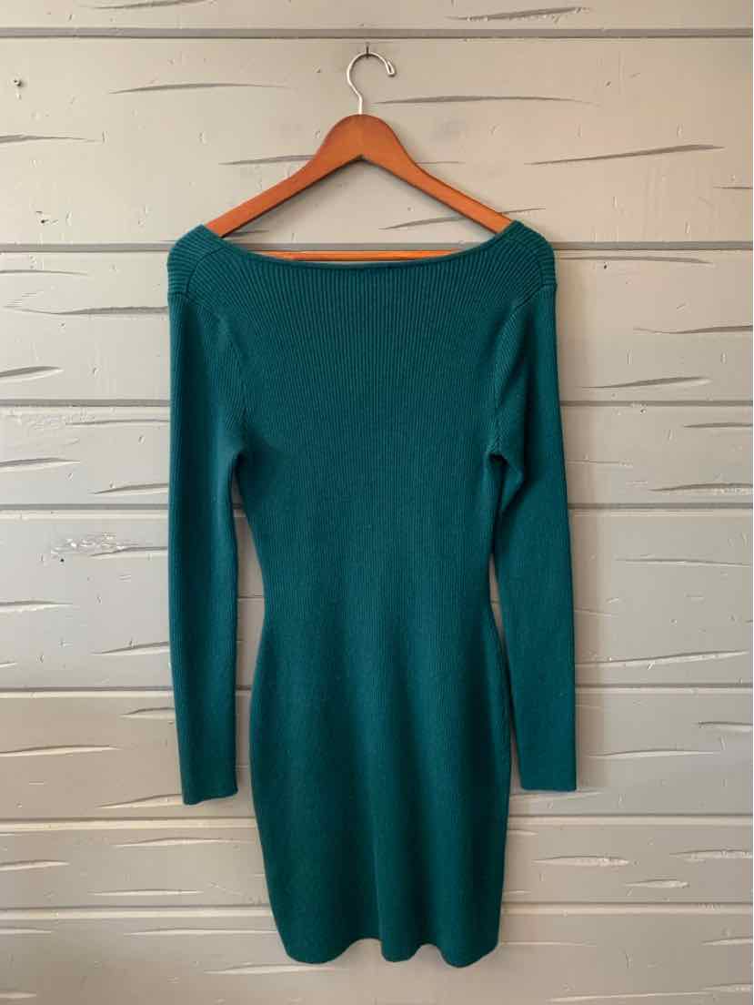 Teal long-sleeve knit dress with a fitted bodice and softly flared skirt.