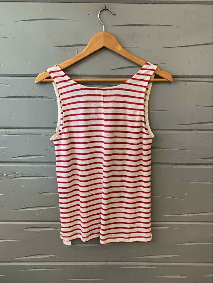 Sleeveless tank top with horizontal fuchsia and white stripes, scoop neckline, lightweight fabric, size 4.