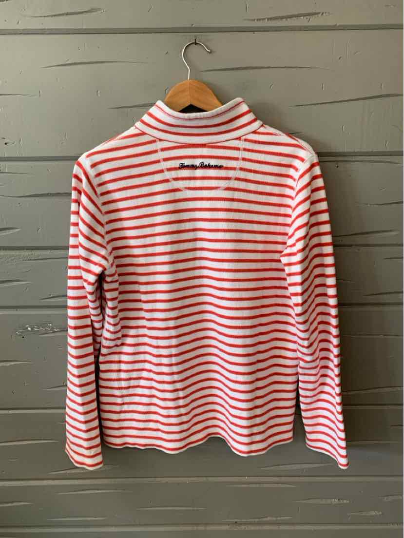 Long-sleeve women's striped shirt with red and white horizontal stripes and a mock neck collar.