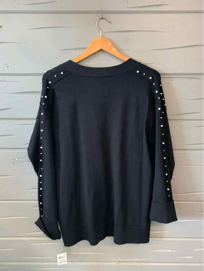 Black long-sleeve shirt with pearl embellishments along shoulders and sleeves, large size.
