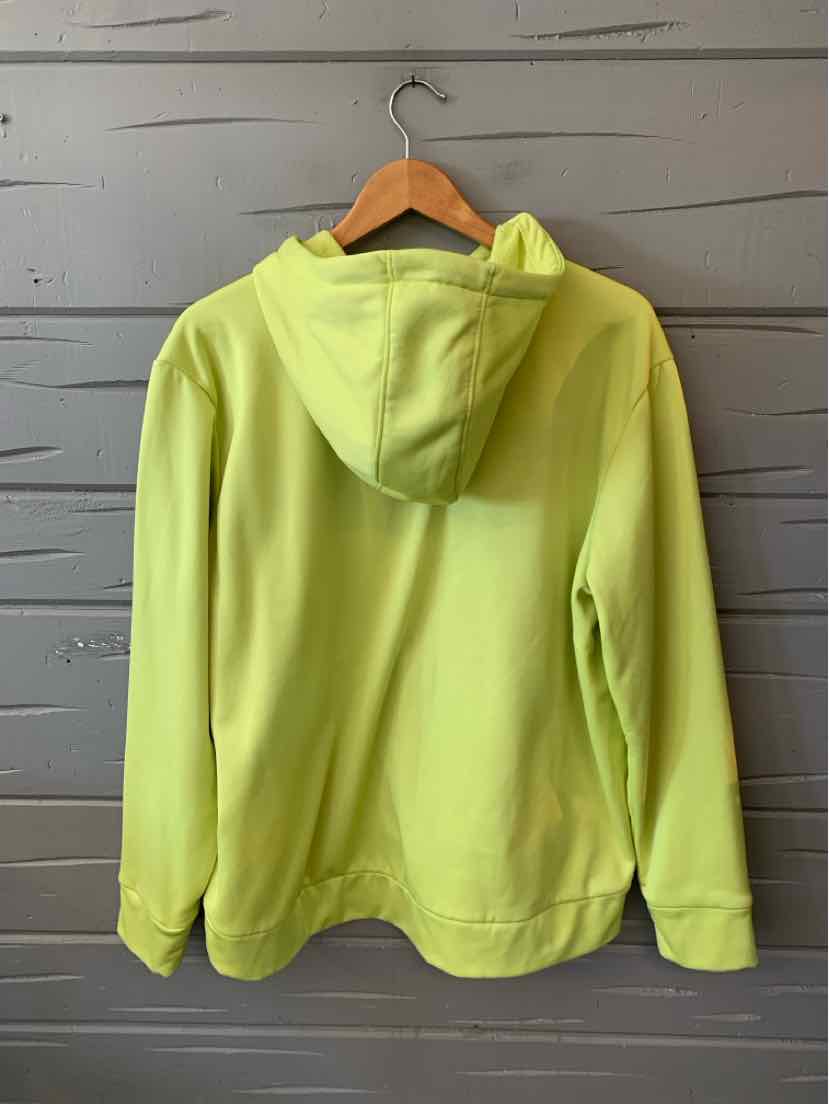 Bright lime green Under Armour women's hoodie with a hood, long sleeves, and ribbed cuffs and hem.