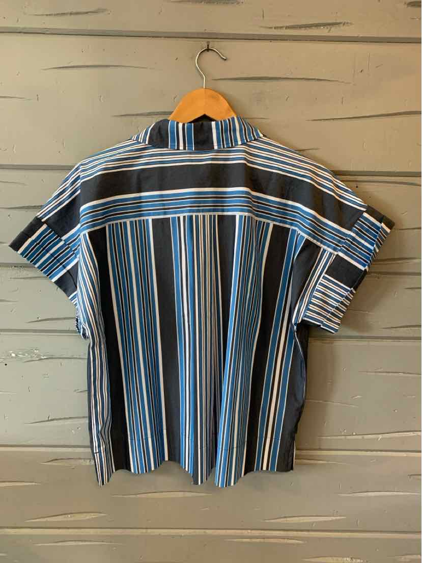 Black short-sleeve shirt with vertical blue and white stripes on wooden hanger.