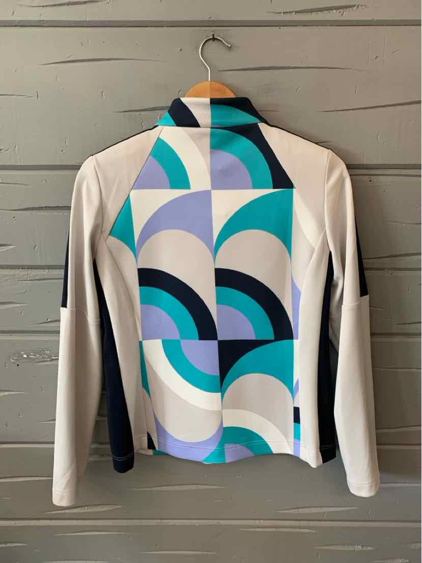 Long-sleeve jacket with geometric teal, blue, purple, and white pattern on back and white sleeves.