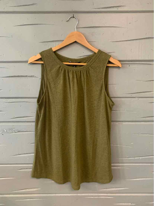 Olive green sleeveless scoop neck top with subtle gathered detail at neckline.