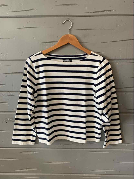 White long-sleeve shirt with navy horizontal stripes, crew neckline, relaxed fit, medium size.