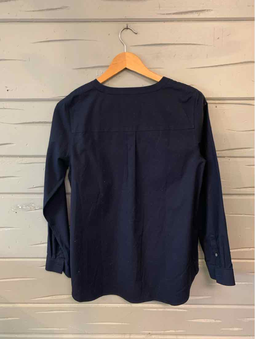 Navy blue long-sleeve blouse with buttoned cuffs, straight hem, and lightweight fabric.