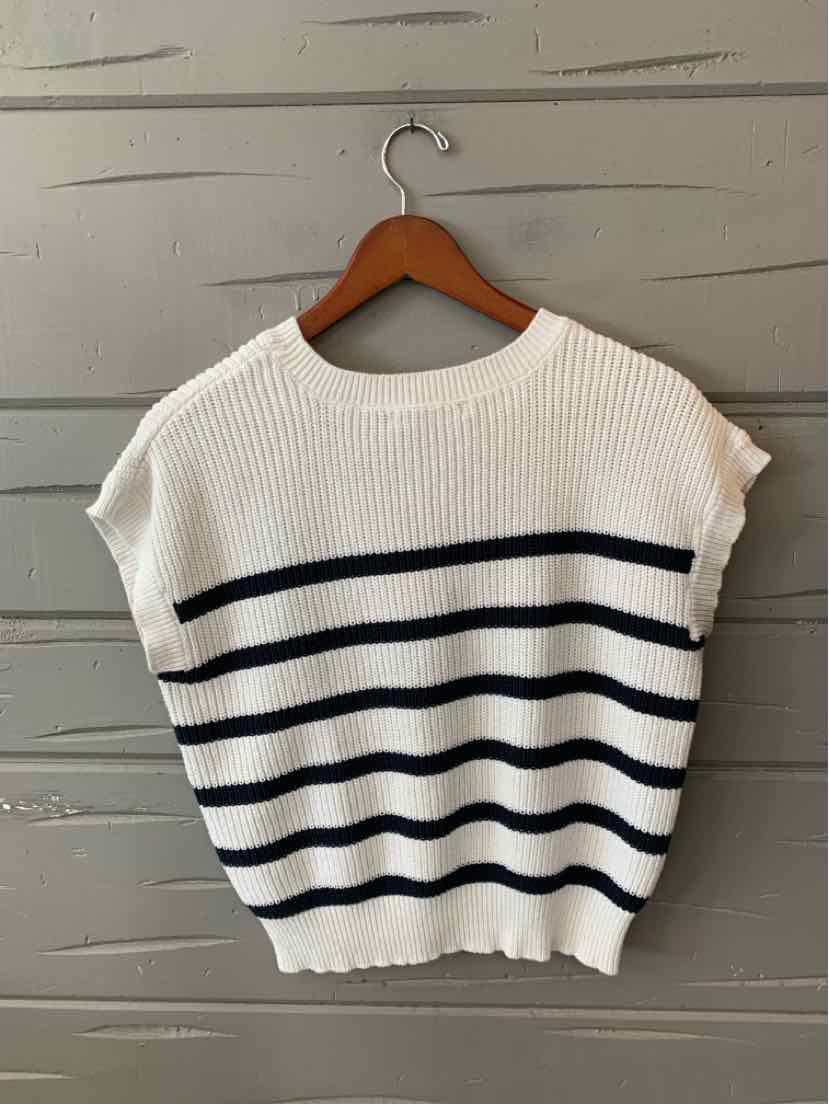 White knit short-sleeve sweater with navy horizontal stripes and a rounded neckline.
