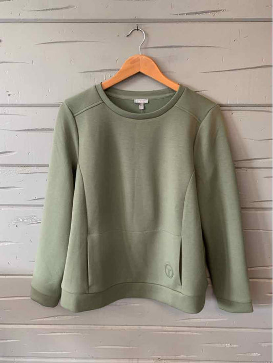 Olive green crewneck sweatshirt with long sleeves and ribbed cuffs, casual fit.