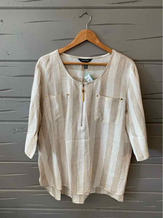 Beige Ellen Tracy blouse in XL with vertical stripes and 3/4 sleeves on wooden hanger.