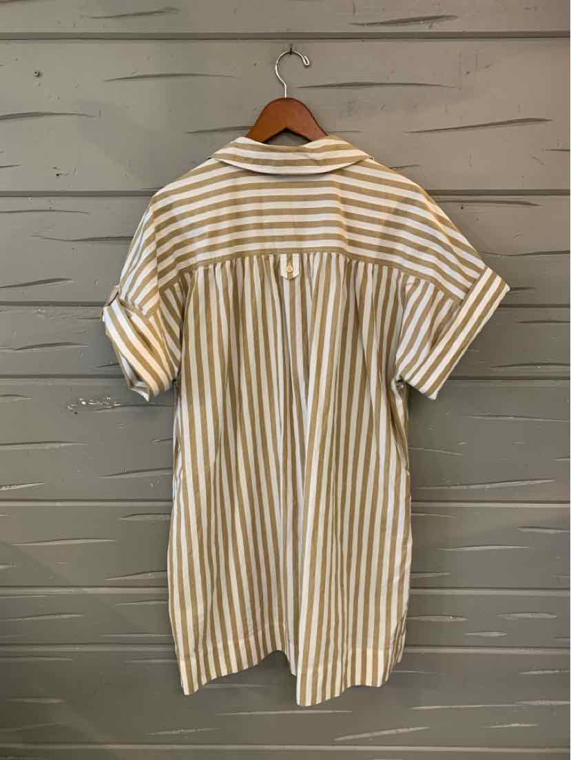 Tan and white vertical striped shirt dress with short rolled sleeves and a back yoke detail.