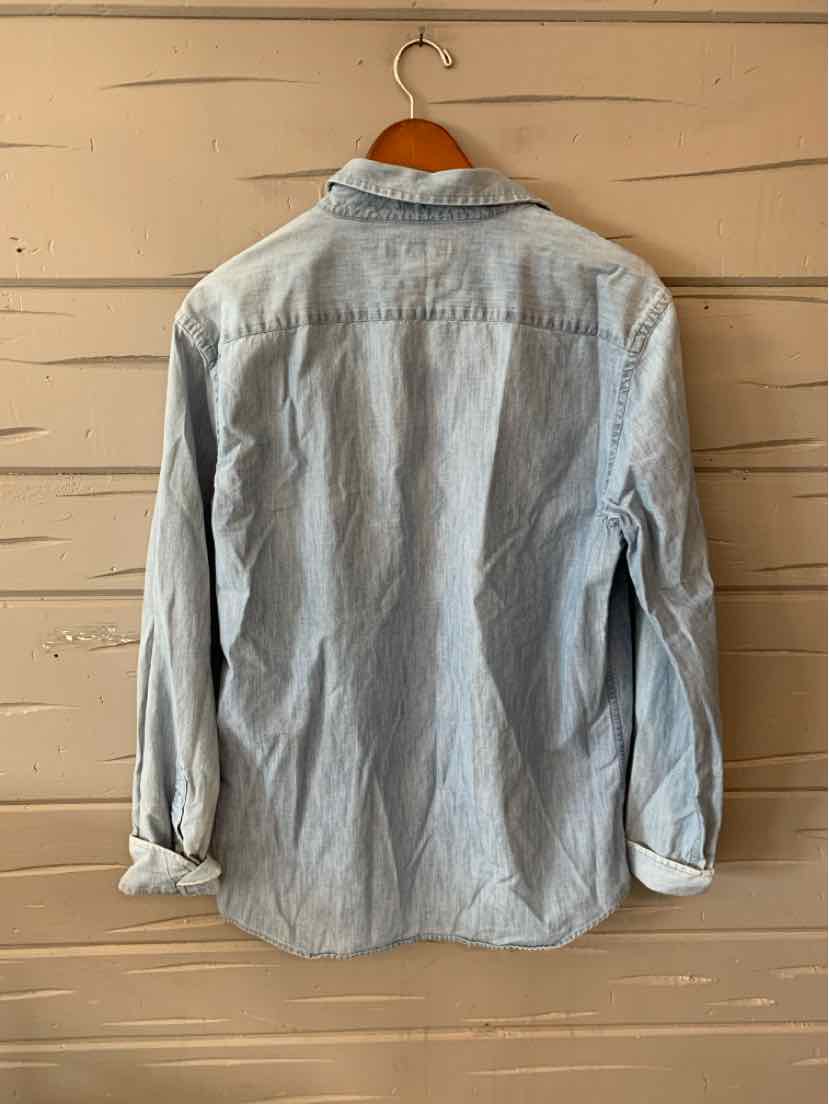 Light blue long-sleeve button-up shirt with a classic collar and rolled cuffs, medium size.
